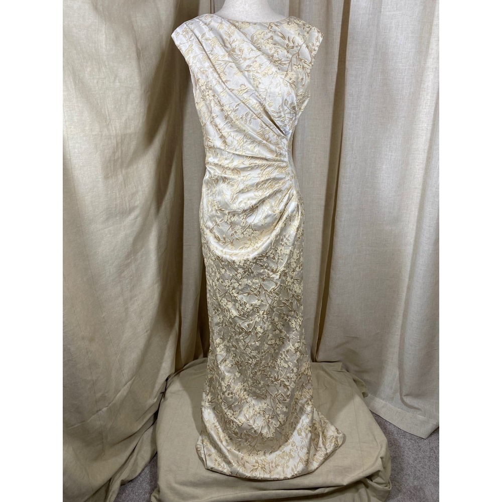 Alfred Sung NWT Gold Ivory Floral Brocade Formal Column Gown Sample Size 4 Gala - Picture 2 of 10